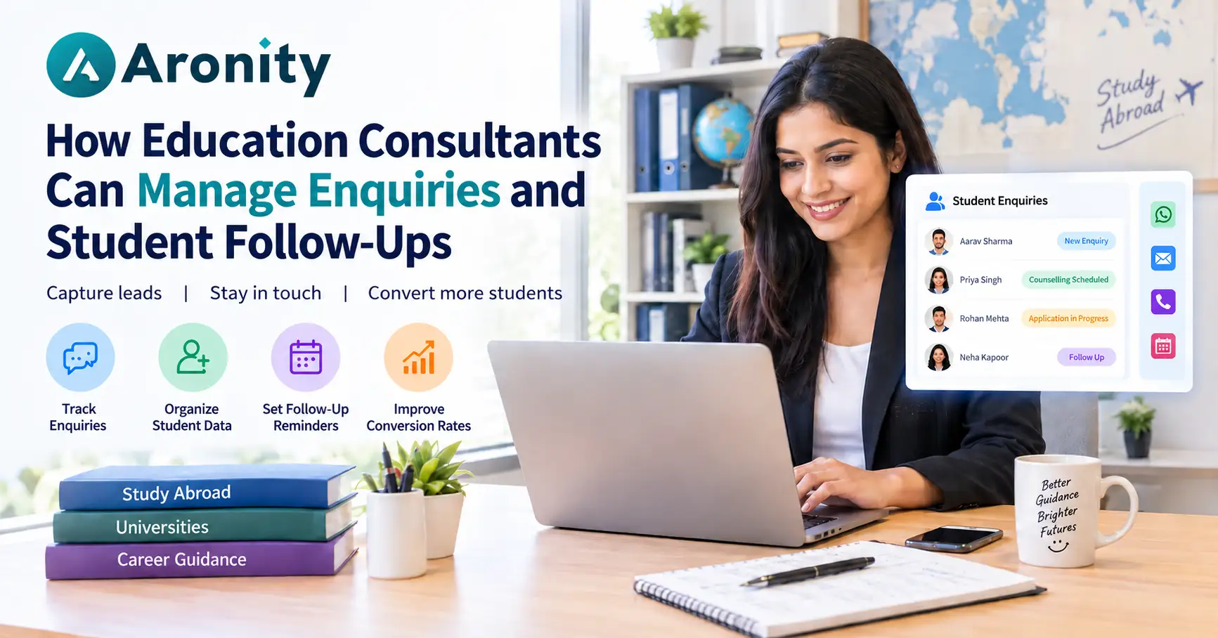 Education consultant managing student enquiries and follow-ups using a CRM system